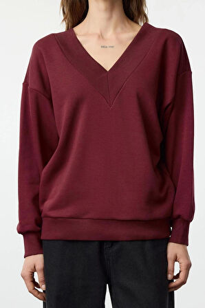 Kadın Moda Şık Bol V Yaka Düşük Kol Uzun Geniş Kalıp Kalın V yaka Örme Sweatshirt