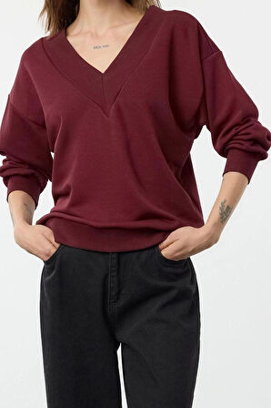 Kadın Moda Şık Bol V Yaka Düşük Kol Uzun Geniş Kalıp Kalın V yaka Örme Sweatshirt