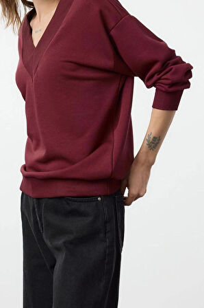 Kadın Moda Şık Bol V Yaka Düşük Kol Uzun Geniş Kalıp Kalın V yaka Örme Sweatshirt
