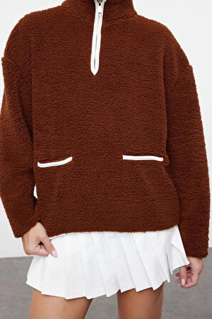 Kadın Regular Fermuarlı Yaka Düşük Kol Standart Peluş Geniş Kalıp Fermuarlı Yaka Örme Sweatshirt