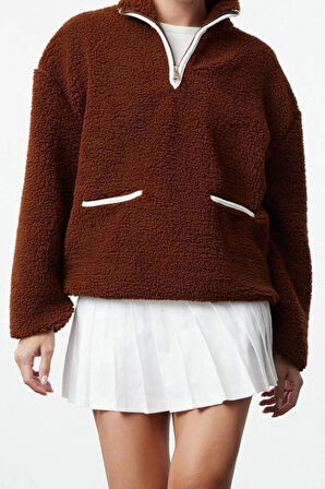 Kadın Regular Fermuarlı Yaka Düşük Kol Standart Peluş Geniş Kalıp Fermuarlı Yaka Örme Sweatshirt