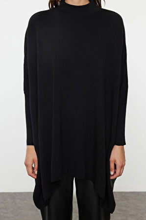 Kadın Moda Şık Bisiklet Yaka Standart Kol Regular Geniş Kalıp Dik Yaka Triko Kazak