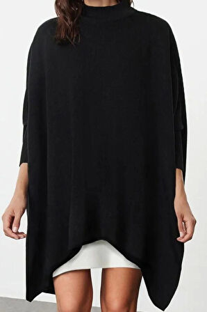 Kadın Moda Şık Bisiklet Yaka Standart Kol Regular Geniş Kalıp Dik Yaka Triko Kazak