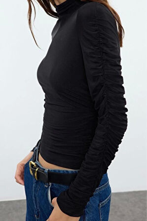 Kadın Moda Şık Regular Balıkçı Yaka Fitted Kalıp Örme Büzgü Drape Detaylı Vücuda Oturan Bluz