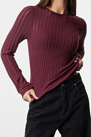 Kadın Moda Şık Regular Bisiklet Yaka Regular Kalıp Örme Transparan Triko Görünümlü Kumaş Boy Bluz