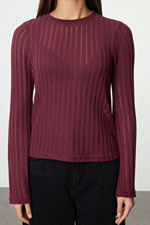 Kadın Moda Şık Regular Bisiklet Yaka Regular Kalıp Örme Transparan Triko Görünümlü Kumaş Boy Bluz