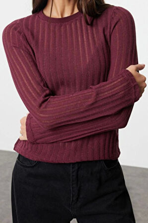 Kadın Moda Şık Regular Bisiklet Yaka Regular Kalıp Örme Transparan Triko Görünümlü Kumaş Boy Bluz