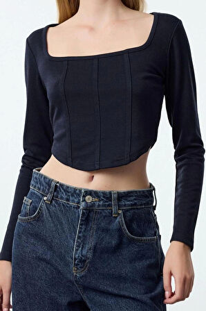 Kadın Moda Şık Crop Kare Yaka Slim Kalıp Örme Biye Detaylı Fitted Vücuda Oturan İnterlok Bluz