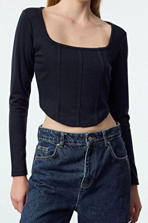 Kadın Moda Şık Crop Kare Yaka Slim Kalıp Örme Biye Detaylı Fitted Vücuda Oturan İnterlok Bluz