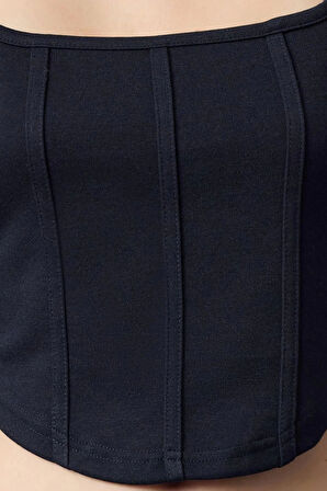 Kadın Moda Şık Crop Kare Yaka Slim Kalıp Örme Biye Detaylı Fitted Vücuda Oturan İnterlok Bluz