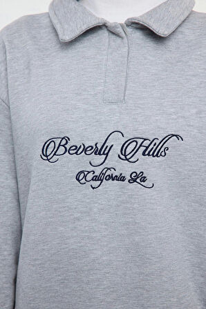 Kadın Oversize Gömlek Yaka Düşük Kol Uzun Gömlek Yaka Nakışlı Fit Kalın İçi Polarlı Örme Sweatshirt