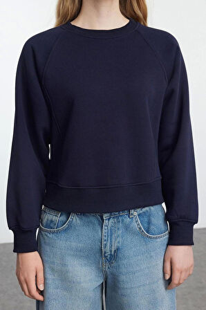 Kadın Moda Şık Regular Bisiklet Yaka Düşük Kol Regular Nervür Detaylı Normal Kalıp Örme Sweatshirt