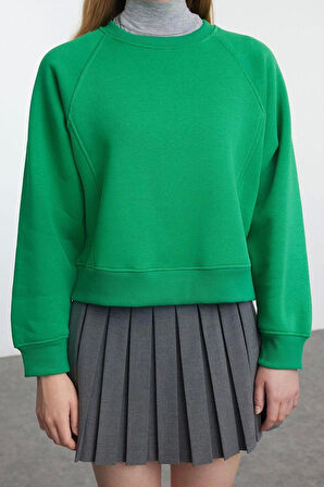 Kadın Moda Şık Regular Bisiklet Yaka Düşük Kol Regular Nervür Detaylı Normal Kalıp Örme Sweatshirt