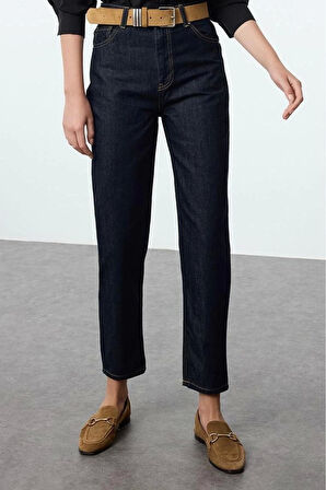 Kadın Moda Şık Kot Pantolon Boru Paça Uzun Boy Denim Yüksek Bel Mom Jeans