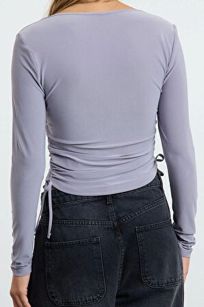 Kadın Moda Şık Crop Kare Yaka Slim Kalıp Örme Büzgü Detaylı Fitted Vücuda Oturan Esnek Bluz