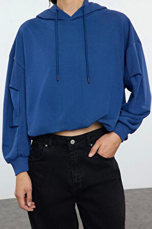 Kadın Relaxed Kapüşonlu Düşük Kol Regular Kalın İçi Polarlı Rahat Kesim Örme Sweatshirt