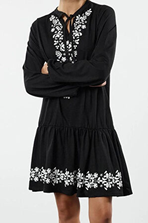 Kadın Moda Şık Mini Boy V Yaka Regular Balon Kol Baskılı A-line Çan Açılan Örme Elbise