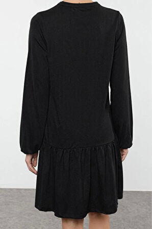 Kadın Moda Şık Mini Boy V Yaka Regular Balon Kol Baskılı A-line Çan Açılan Örme Elbise