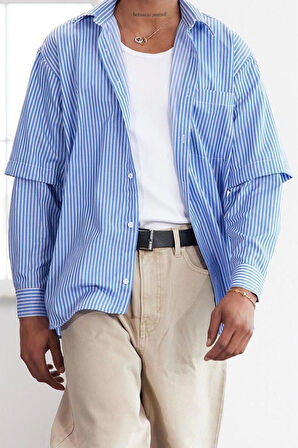 Moda Gömlek Yaka Çizgili Uzun Kol Limited Edition Relaxed Fit Alttan Çıkma Kollu Gömlek