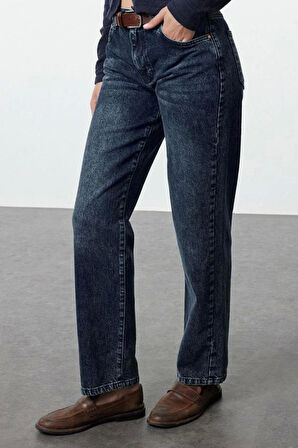 Kadın Moda Şık Kot Pantolon Boru Paça Uzun Boy Denim Normal Bel Straight Jeans