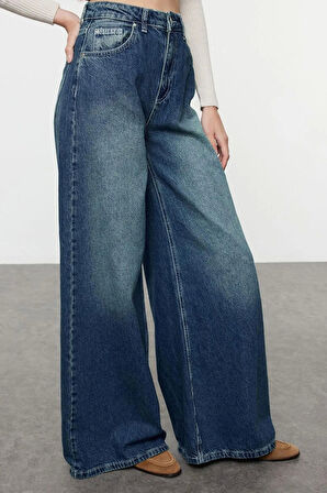 Kadın Moda Şık Kot Pantolon Geniş Paça Uzun Boy Denim Mavi Yüksek Bel Ekstra Palazzo Jeans