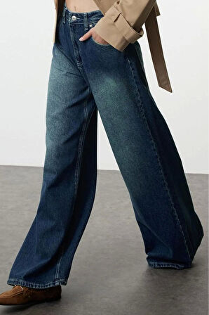 Kadın Moda Şık Kot Pantolon Geniş Paça Uzun Boy Denim Mavi Yüksek Bel Ekstra Palazzo Jeans