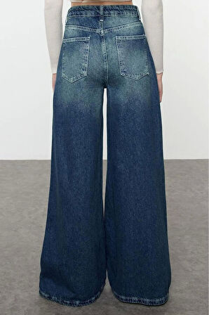 Kadın Moda Şık Kot Pantolon Geniş Paça Uzun Boy Denim Mavi Yüksek Bel Ekstra Palazzo Jeans