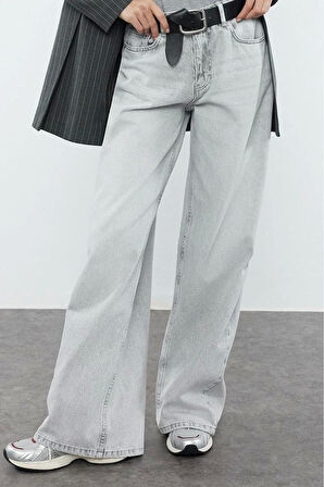 Kadın Moda Şık Kot Pantolon Geniş Paça Uzun Boy Denim Gri Yüksek Bel Ekstra Palazzo Jeans