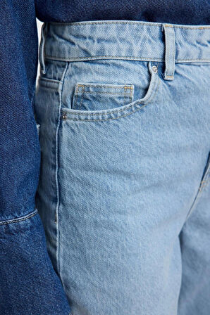 Kadın Moda Şık Kot Pantolon Boru Paça Uzun Boy Denim Mavi Yüksek Bel Mom Jeans