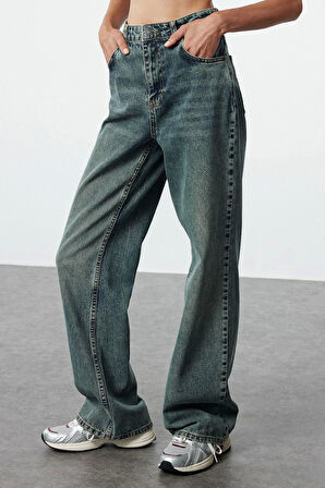 Kadın Moda Şık Kot Pantolon Geniş Paça Uzun Boy Denim Mavi Soluk Vintage Yüksek Bel Jeans