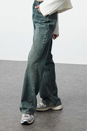 Kadın Moda Şık Kot Pantolon Geniş Paça Uzun Boy Denim Mavi Soluk Vintage Yüksek Bel Jeans