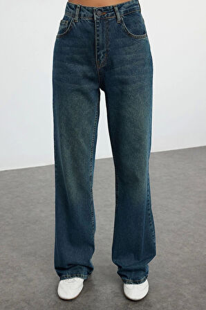 Kadın Moda Şık Kot Pantolon Geniş Paça Uzun Boy Denim Mavi Soluk Vintage Yüksek Bel Jeans