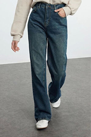 Kadın Moda Şık Kot Pantolon Geniş Paça Uzun Boy Denim Mavi Soluk Vintage Yüksek Bel Jeans