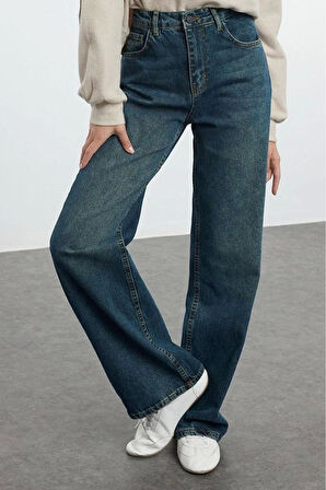 Kadın Moda Şık Kot Pantolon Geniş Paça Uzun Boy Denim Mavi Soluk Vintage Yüksek Bel Jeans
