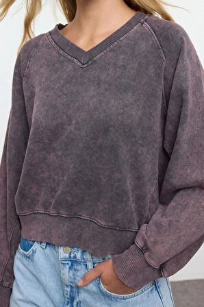 Kadın Moda Şık Üst Giyim Regular V Yaka Reglan Kol Regular Kalıp Örme Yıkamalı Normal Kalıp Bluz