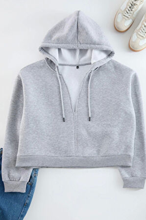 Kadın Büyük Beden Moda Şık Relaxed Kapüşonlu Düşük Kol Crop Basic Crop Örme Sweatshirt