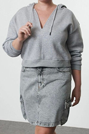 Kadın Büyük Beden Moda Şık Relaxed Kapüşonlu Düşük Kol Crop Basic Crop Örme Sweatshirt