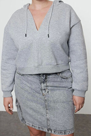Kadın Büyük Beden Moda Şık Relaxed Kapüşonlu Düşük Kol Crop Basic Crop Örme Sweatshirt