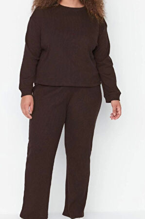 Kadın Moda Şık Büyük Beden Bisiklet Yaka Dar Paça Uzun Kol Pijama Takımı