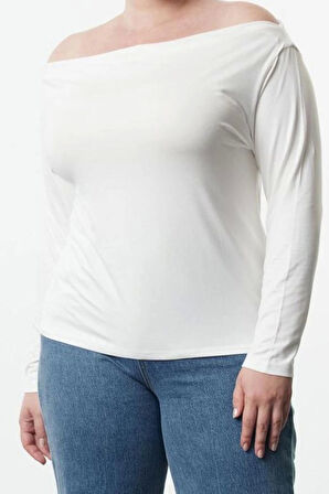 Kadın Moda Şık Büyük Beden Regular Carmen Yaka Düşük Kol Fitted Kalıp Örme Bluz