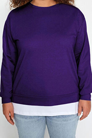 Kadın Büyük Beden Oversize Bisiklet Yaka Düşük Kol Alttan T-Shirt Çıkma Görünüm İnce Örme Sweatshirt