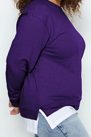 Kadın Büyük Beden Oversize Bisiklet Yaka Düşük Kol Alttan T-Shirt Çıkma Görünüm İnce Örme Sweatshirt