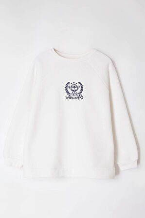 Kadın Büyük Beden Oversize Bisiklet Yaka Reglan Kol Kalın İçi Polarlı Nakış Detaylı Örme Sweatshirt