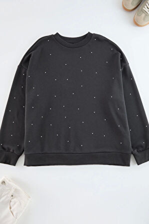 Kadın Büyük Beden Moda Oversize Bisiklet Yaka Düşük Kol Regular Kalın Zımba Detaylı Örme Sweatshirt