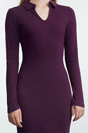 Kadın Moda Şık Midi Boy V Yaka Fitted Düz Polo Yaka Bodycone Vücuda Oturan Örme Elbise