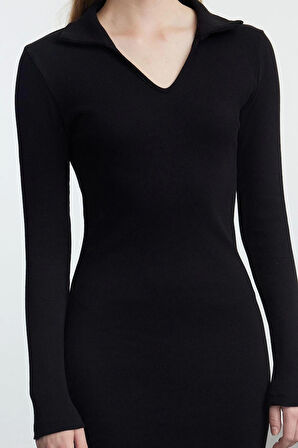 Kadın Moda Şık Midi Boy V Yaka Fitted Düz Polo Yaka Bodycone Vücuda Oturan Örme Elbise