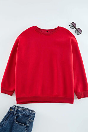 Kadın Büyük Beden Oversize Bisiklet Yaka Bej Rahat Kesim Basic Kalın polarlı Örme Sweatshirt