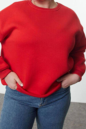 Kadın Büyük Beden Oversize Bisiklet Yaka Bej Rahat Kesim Basic Kalın polarlı Örme Sweatshirt
