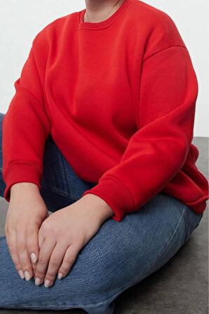 Kadın Büyük Beden Oversize Bisiklet Yaka Bej Rahat Kesim Basic Kalın polarlı Örme Sweatshirt