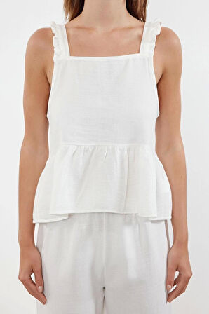 Kadın Geniş Paça Askılı Kol %100 Pamuklu Müslin Fırfır ve Bağlama Detaylı Dokuma Pijama Takımı